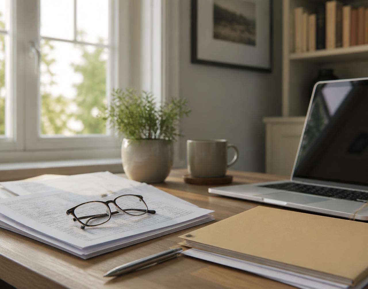 Mortgage statements, a folder and reading glasses organized on a desk beside a laptop