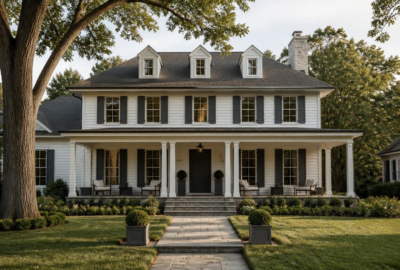 A classic American two-story home with a covered front porch in late afternoon light